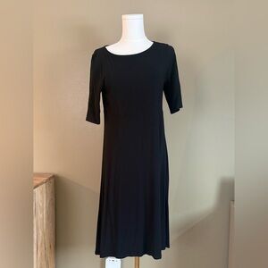 Eileen Fisher Classic Black Midi Dress with Elbow Sleeves